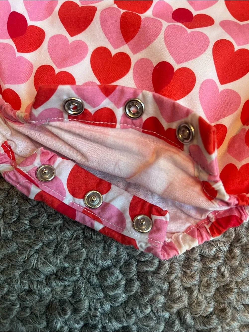 JACADI Pink and Red Heart Print Baby Bubble Romper with White Scalloped Collar